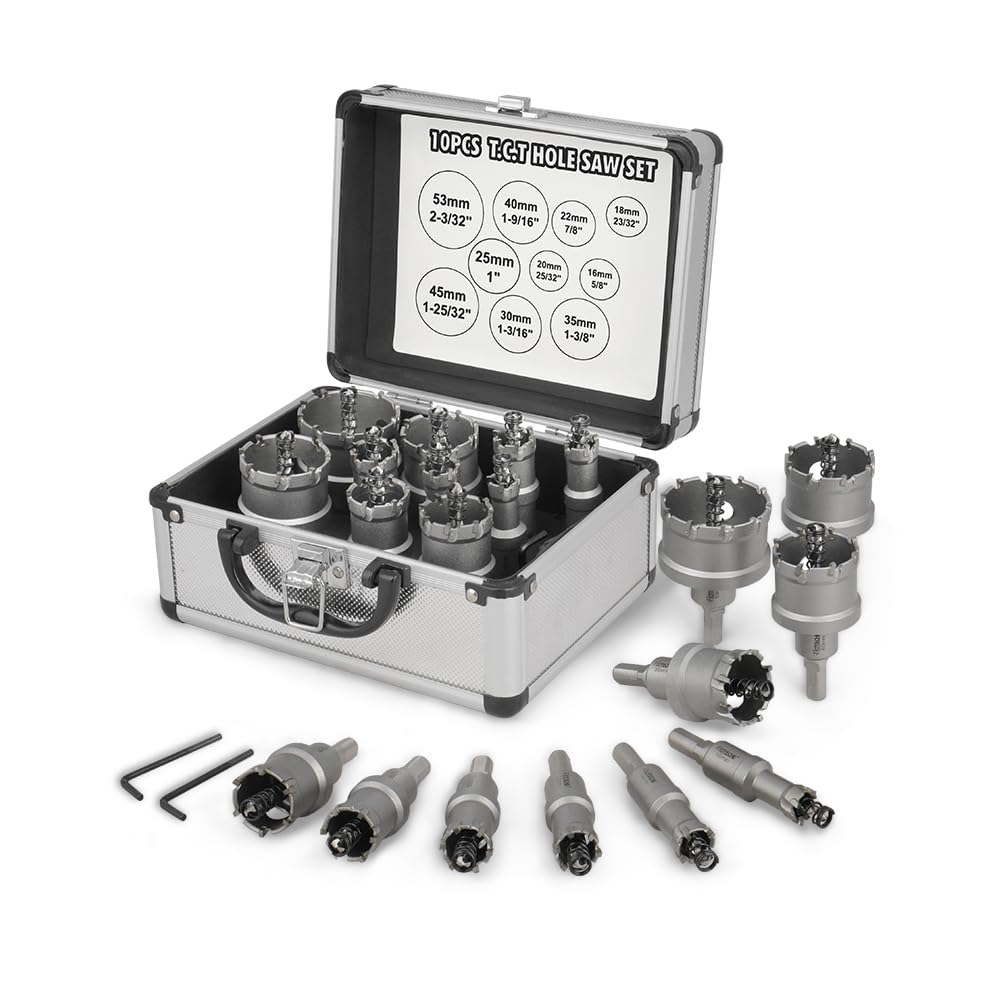 Hoteche Juego de brocas de carburo de tungsteno para sierra perforadora, 10 piezas, 16-53 mm, para sierra perforadora de carburo TCT, para acero inoxidable, hierro, aluminio, madera