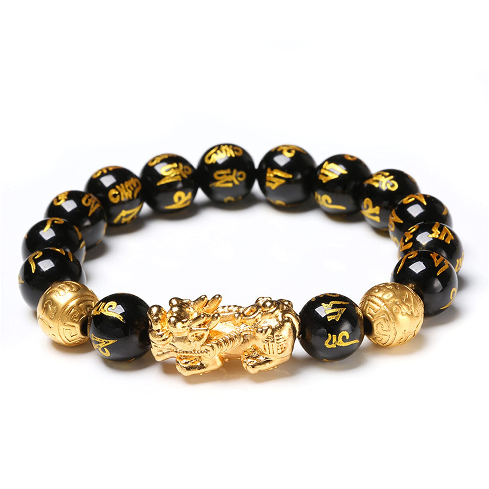 Nzpost Six Words_12mm Triple Protection Bracelet, Piyao Bucket Beads Bracelet Wealth Six Words Natural Black Obsidian Ge