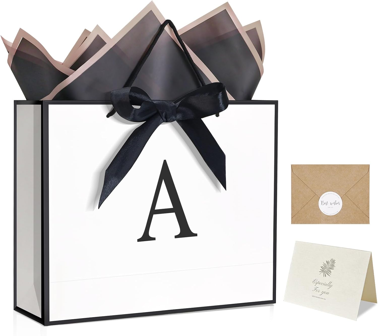 QLSKO Monogrammed Gift Wrap Bag Personalized Initial Paper Bag with Card Matching Envelope Sticker,Bow Ribbon and Wrapping Tissue Birthday Gifts for Women Men (White, A-Medium)