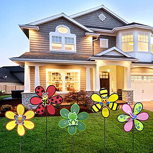 5 Pack Garden Pinwheels Wind Spinners Windmill Yard Decor Outdoor Decorative Garden Stakes Whimsical Gifts For Kids Baby(Butterfly Hummingbird Frog Ladybug Bee) #TOP6