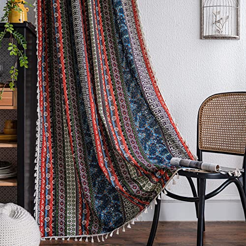 Vogol Boho Tassel Window Curtains, 1 Panel Geometric Striped Bohemian Style Country Curtain, Cotton Linen Drapes For Bedroom Living Room, 59 X 63 Inches #TOP1