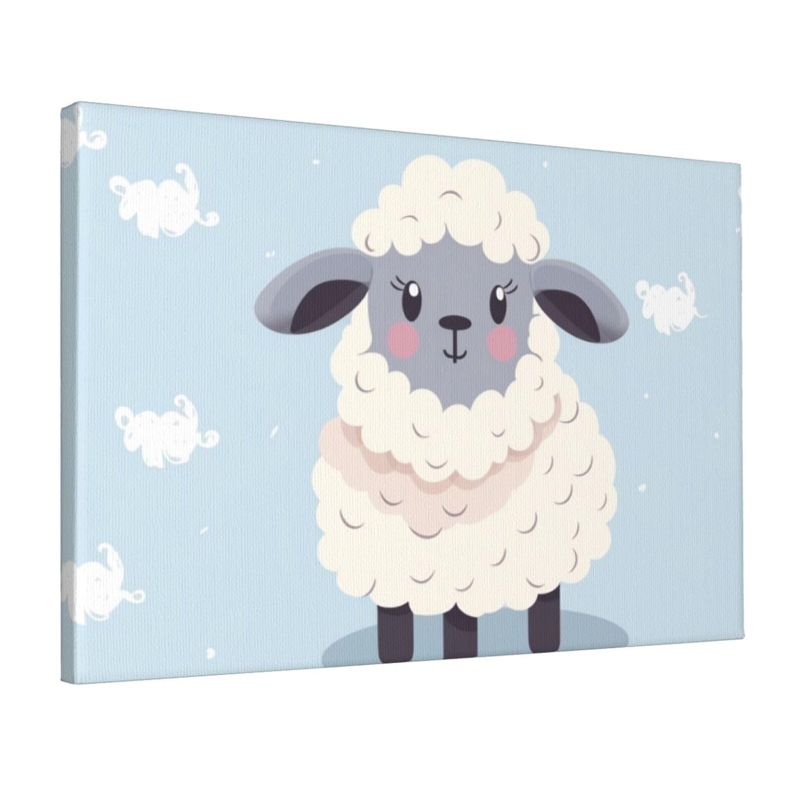 YKLJG Cute Cartoon Sheep Printed Wall Art Canvas Prints 45x30 CM Wooden Framed Picture Painting Artwork for Bedroom Kitchen Home Office Decor