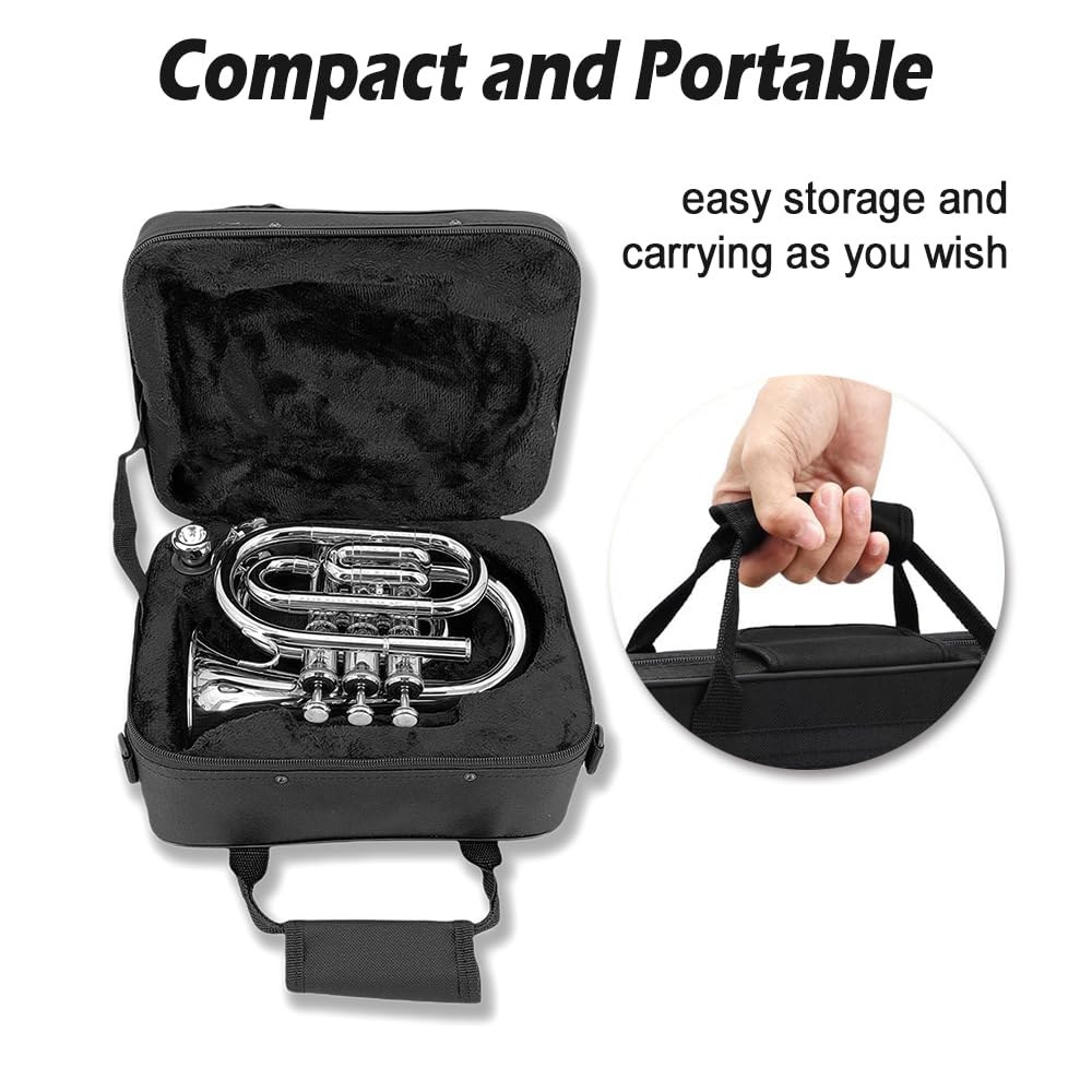 Tromba tascabile professionale in ottone, finitura laccata, con custodia per il trasporto e accessori per la pulizia per principianti e musicisti (argento)