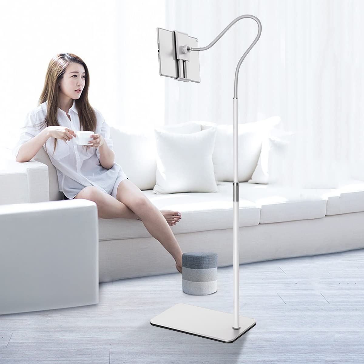 BKHsgDXJ Phone stand Flexible Gooseneck Phone Stand Holder 60 Inch Tall Floor,Universal(White)