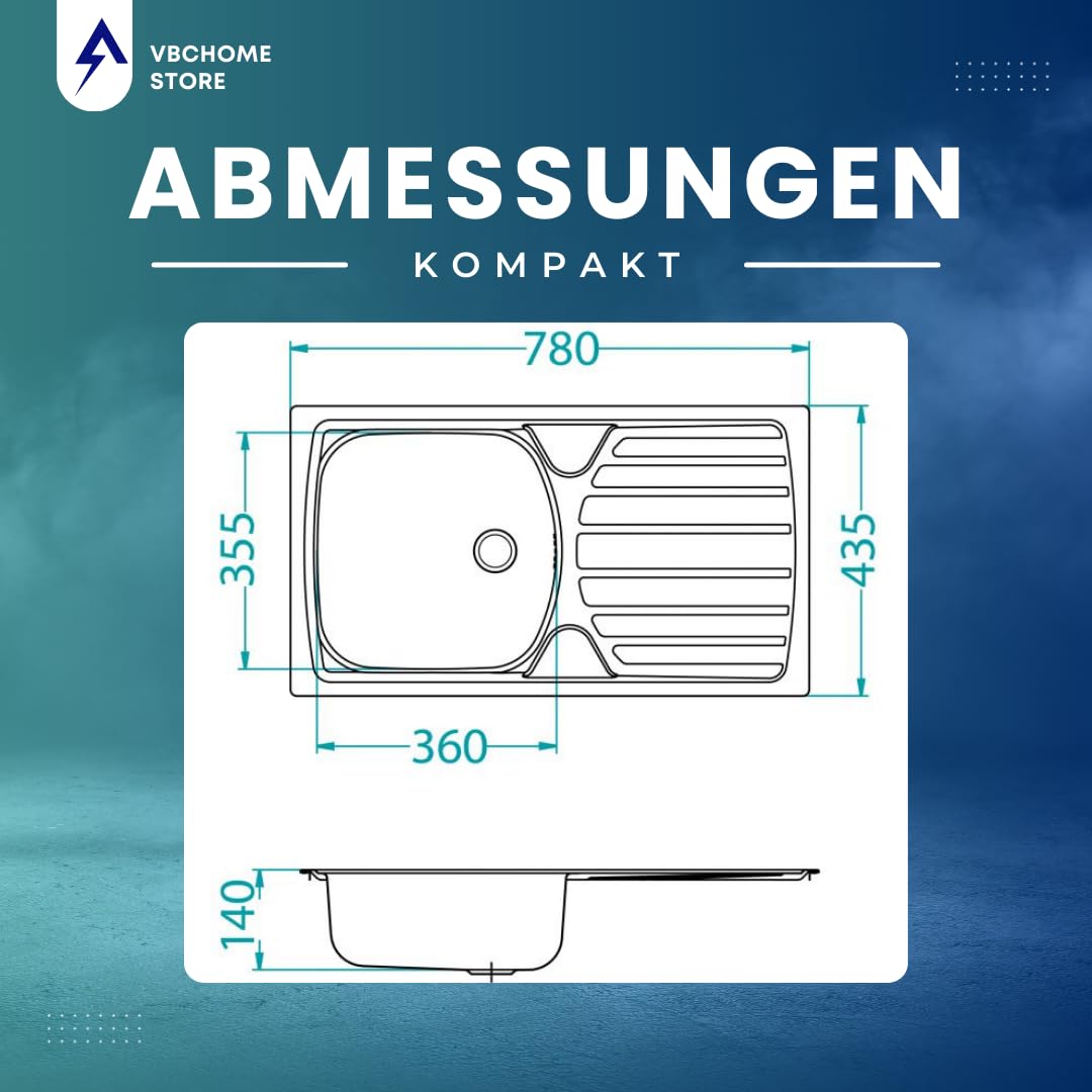 VBChome: Fregadero empotrable, 780 x 435 mm, estructura satén, Alveus Basic, 170 fregaderos de acero inoxidable, escurridor, para camping, fregadero de cocina y desagüe fi141