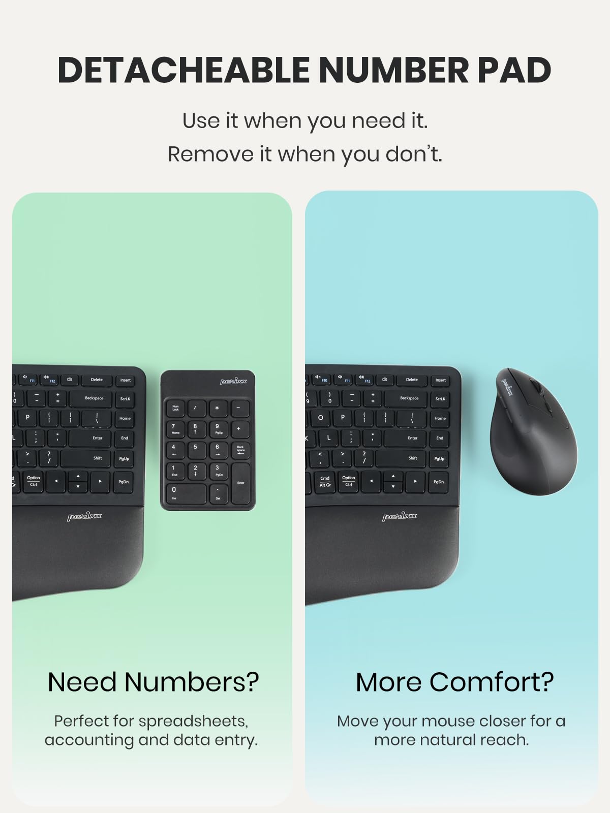 Perixx PERIDUO-606IIA - Tastiera ergonomica compatta wireless 3 in 1 con mouse verticale e tastierino numerico, tasti e clic silenziosi, inglese americano