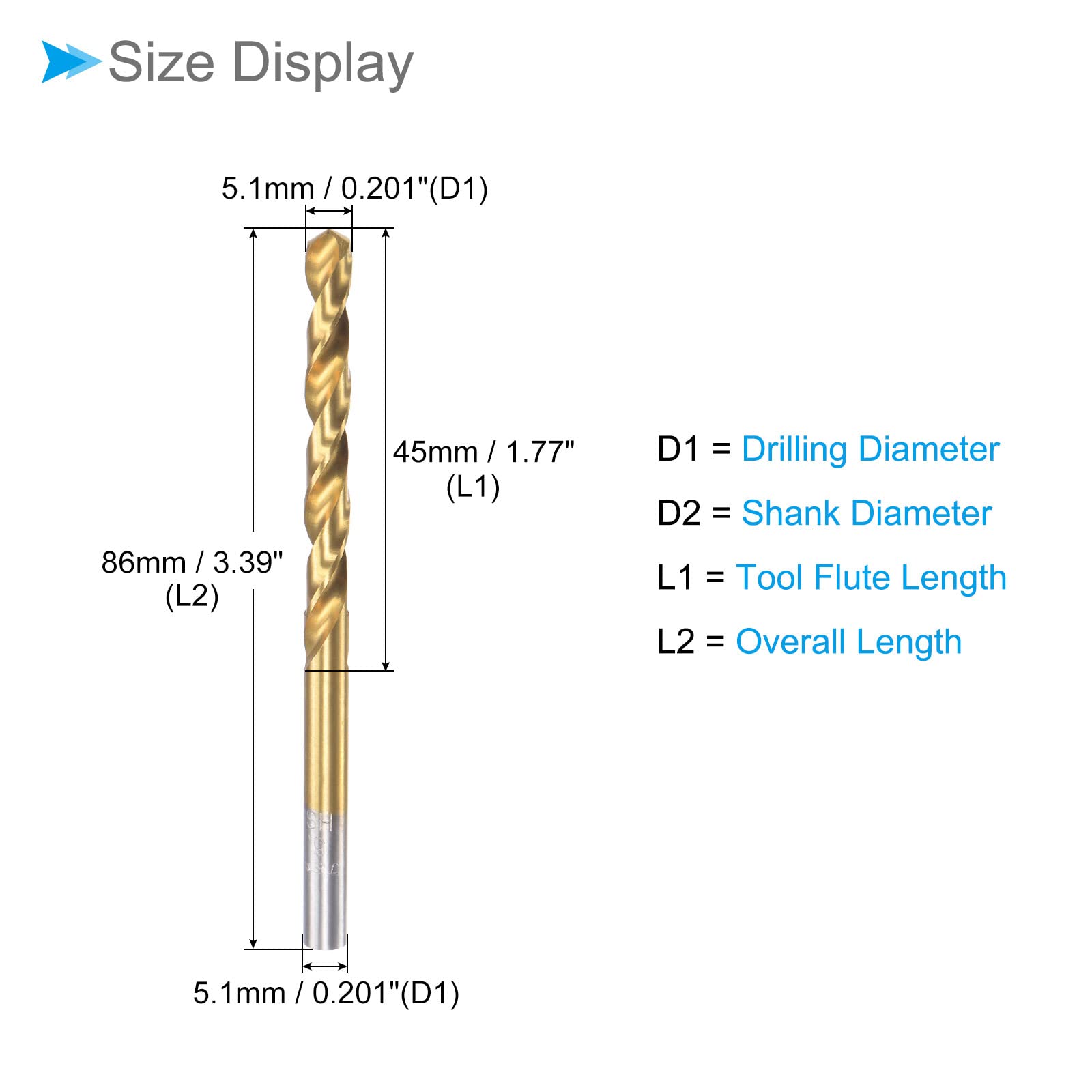 CoCud Twist Drill Bits, 5.1mm Drilling Diameter, Titanium Coated High Speed Steel 6542 Straight Round Shank - (Applications: for Stainless Steel Alloy Metal), 2-Pieces - Image 2