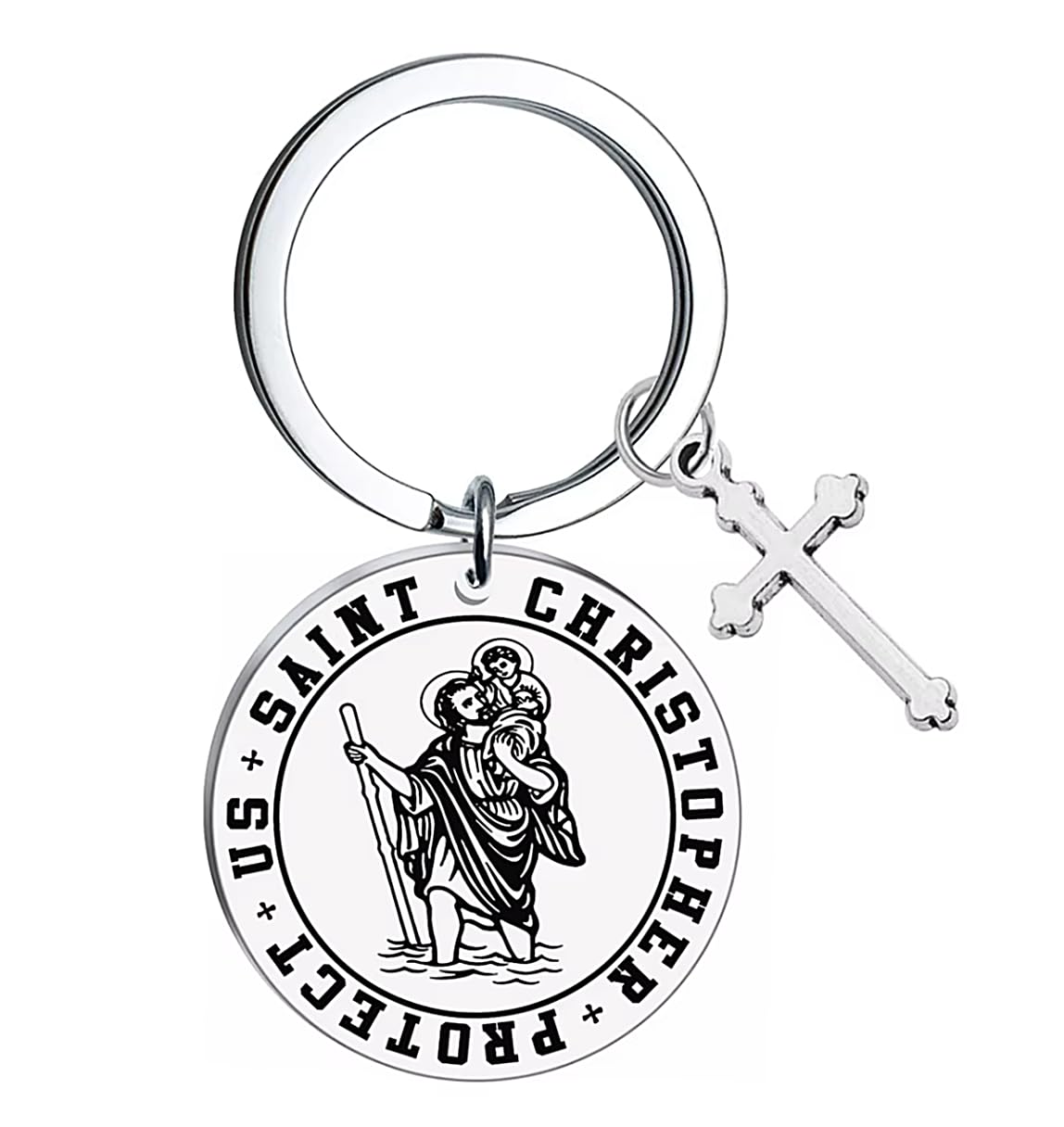Eillwin Unisex Silver St Christopher Keyring With Cross Charm, Safe Travels Protection Pendant For Men And Women