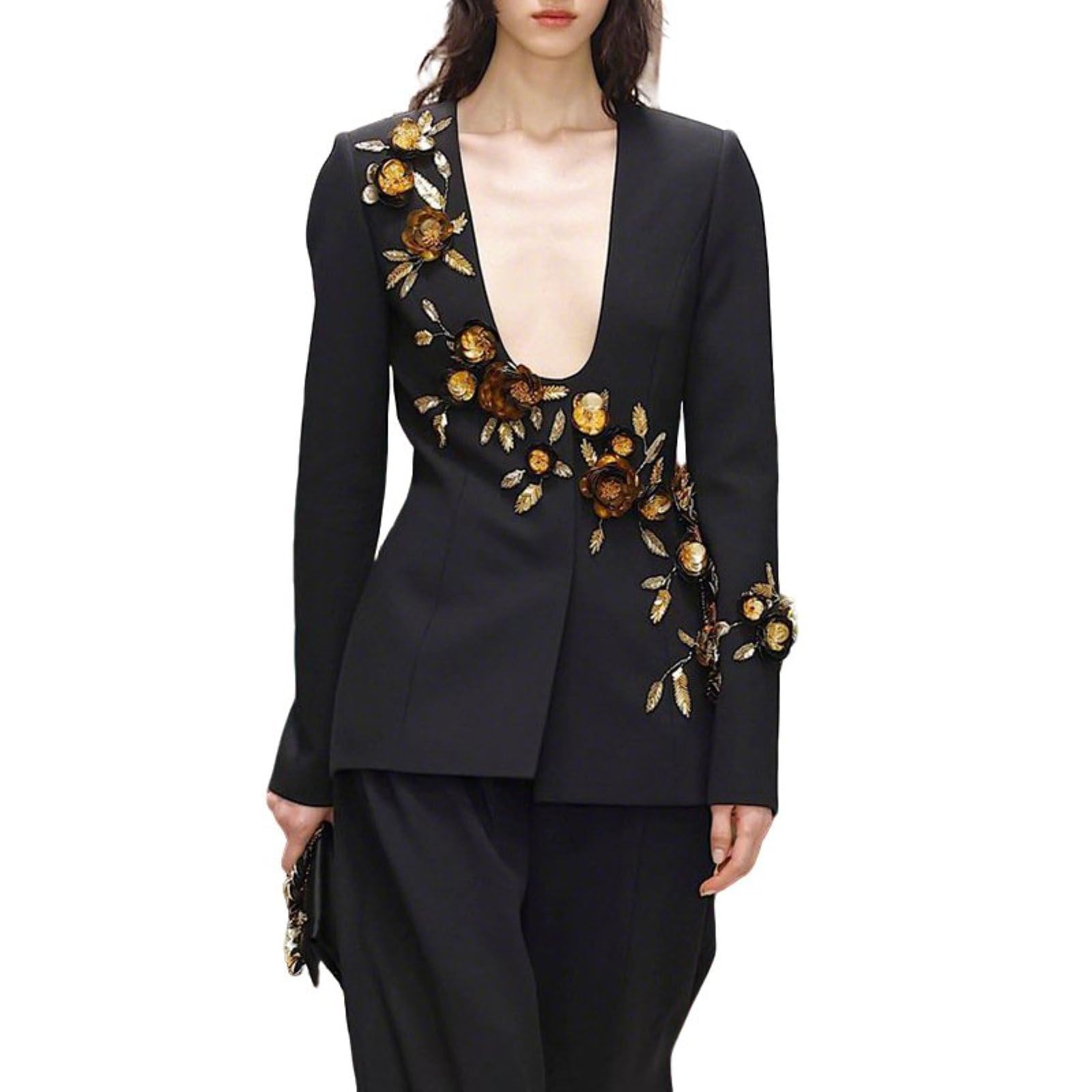 Womens Elegant Black Blazer with Beaded 3D Flower Deep U-Neck Long Sleeve Slim Fit Dressy Casual Blazer Jacket
