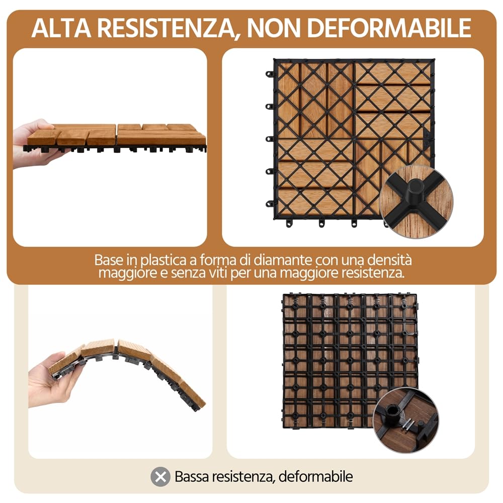 Yaheetech Piastrelle da Giardino in Legno di Acacia 30 x 30 cm Pavimento Impermeabile Resistenti alle Intemperie per Esterni Balconi Giardino Terrazzo 10 pcs