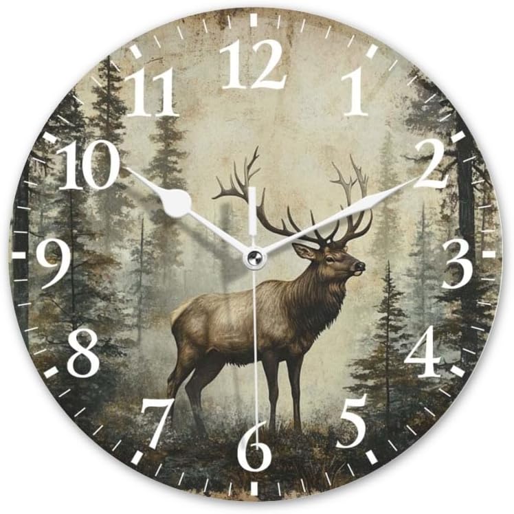 Battery Operated Round Wall Clock Non-Ticking Silent Analog Clcok Decorative for Living Room,Office,Kitchen-an Elk Amidst A Vintage - Styled Woodland(16inch)