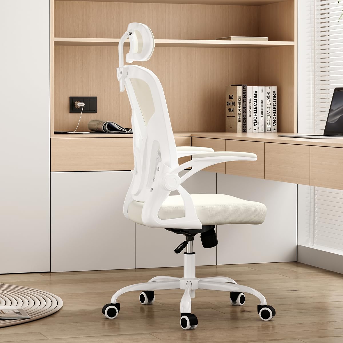 Farini Sedia ergonomica con bracciolo, sedia da scrivania da ufficio con ruote, comoda sedia da casa, ufficio, bianco