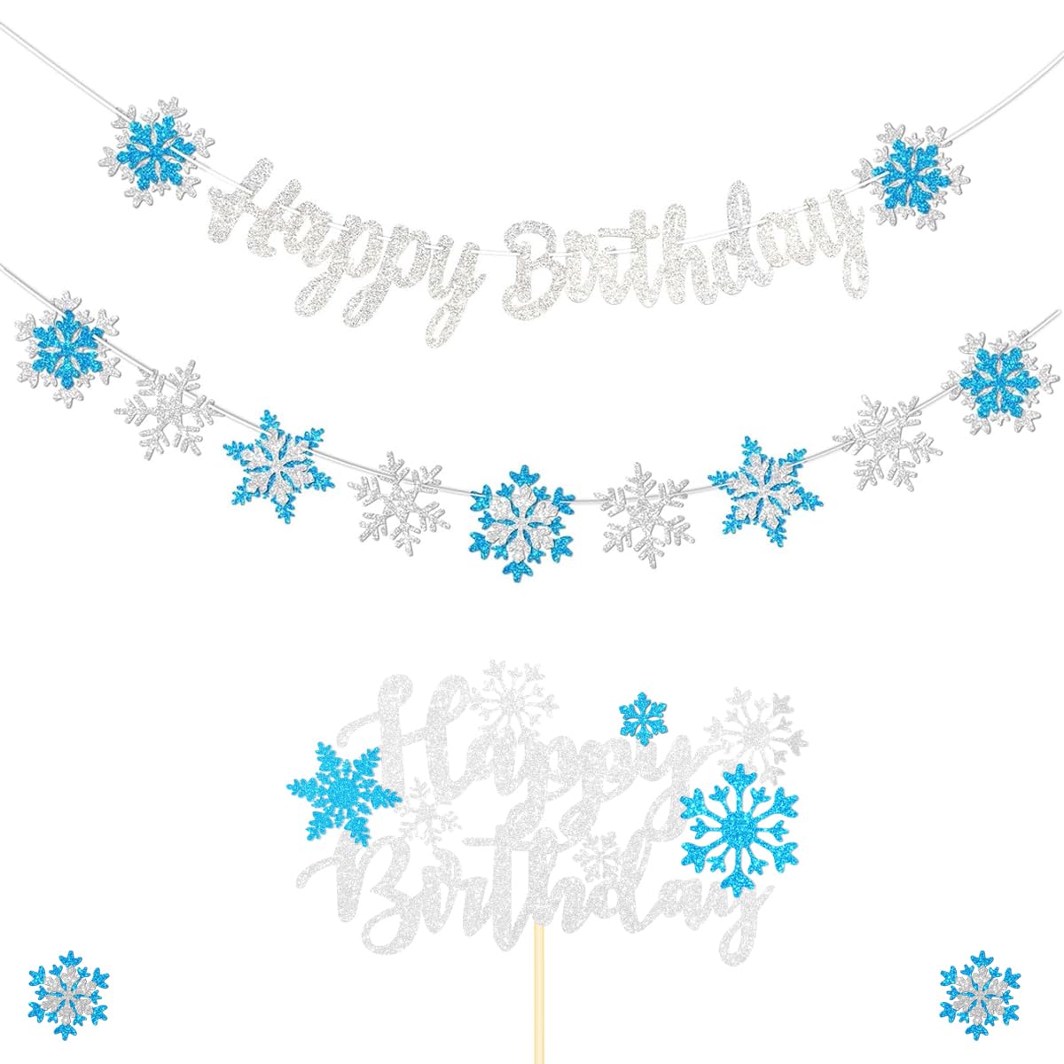 Frozen Snowflake Birthday Decorations Banner Winter Glitter White and Blue Frozen Snowflake Birthday Cake Toppers for Winter Wonderland Party Christmas Party Supplies