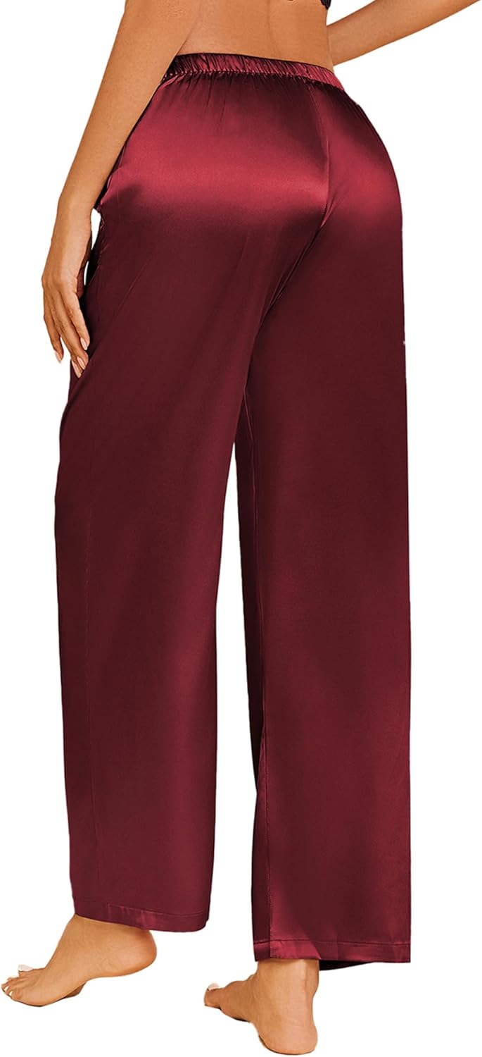 Ekouaer Womens Silk Satin Pajama Pants Casual Loose Lounge Pants Drawstring Elastic Waist Wide Leg Pj Bottoms with Pockets - Image 2