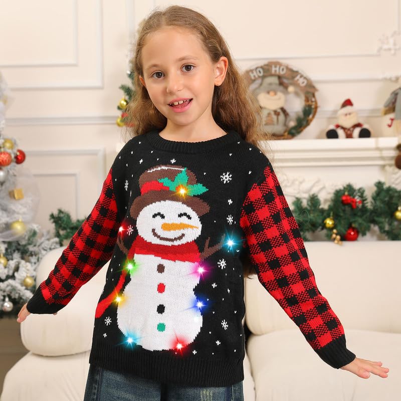 Maglione Natalizio Bambino con Luci, Maglioni Natalizi Bambini Divertenti, Girocollo Maglioncino Natalizio Famiglia Led Ugly Christmas Sweater,Brutti Maglioni di Natale per Bimbo/Bimba/Ragazza/Ragazzo