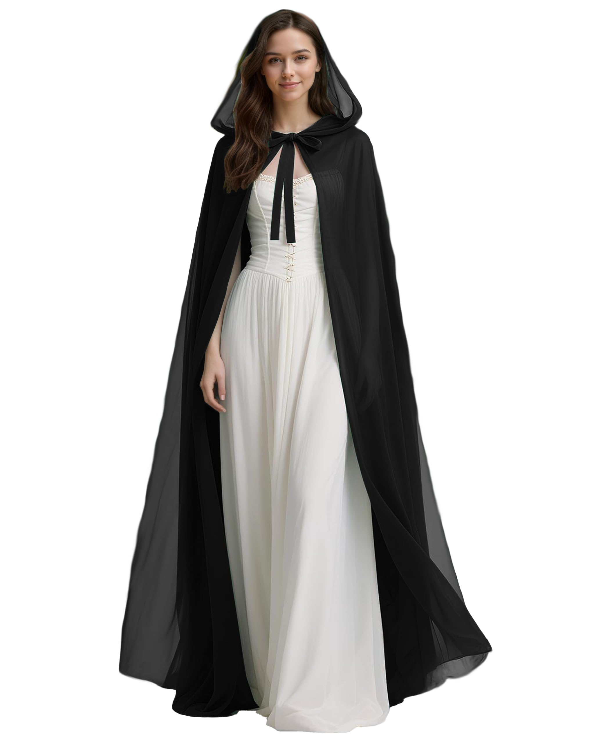 GOLDSTITCH Womens Elegant Chiffon Hooded Cape for Wedding Bridal Halloween Cosplay Black