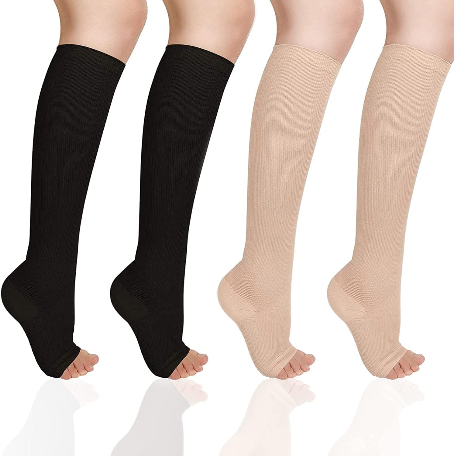 20-30 mmHg Medical Compression Socks:Knee High Open Toe Support Graduated Medical Varicose Veins Hosiery for Women Flight Nurse Teacher for Edema, Swollen-2 Pairs (M)
