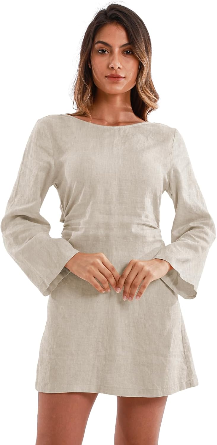 Amazhiyu Womens 100% Linen Mini Dress Long Sleeve Crewneck Self Tie Back Summer - Image 2