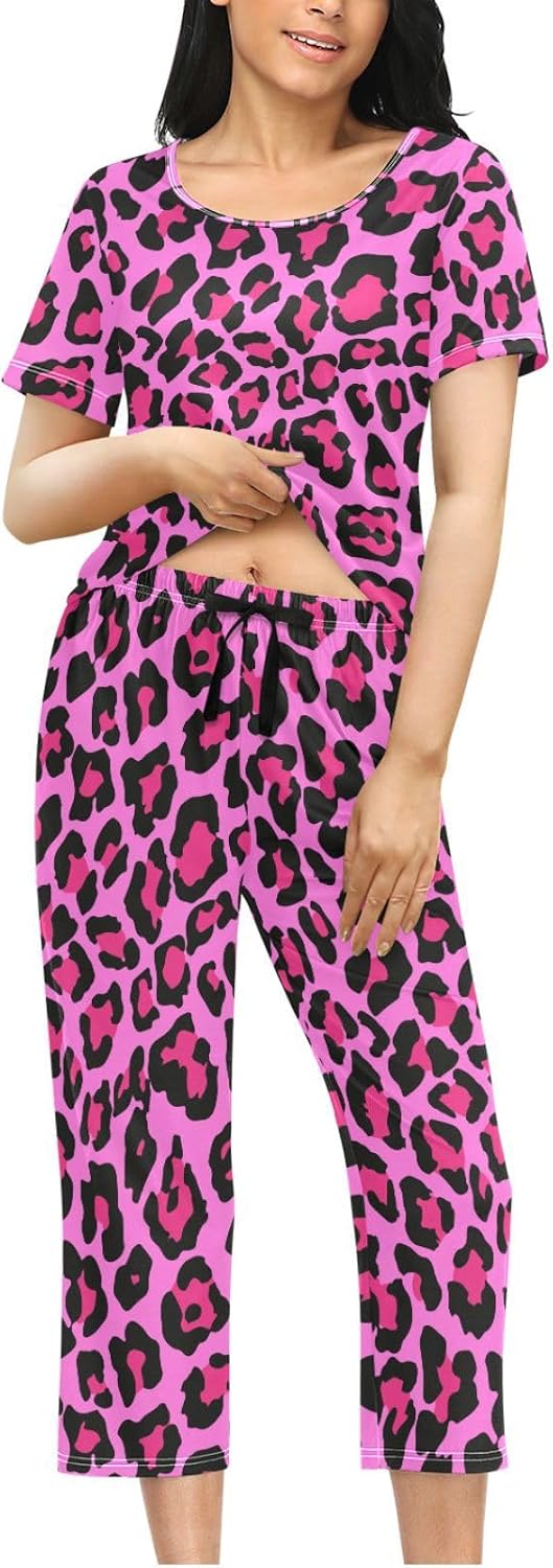 Women's Comfy Chic 2 Pcs Loungewear Set,Casual Sleepwear Short Sleeve Tops & Capri Pants PJs Set with Pockets S-XXL