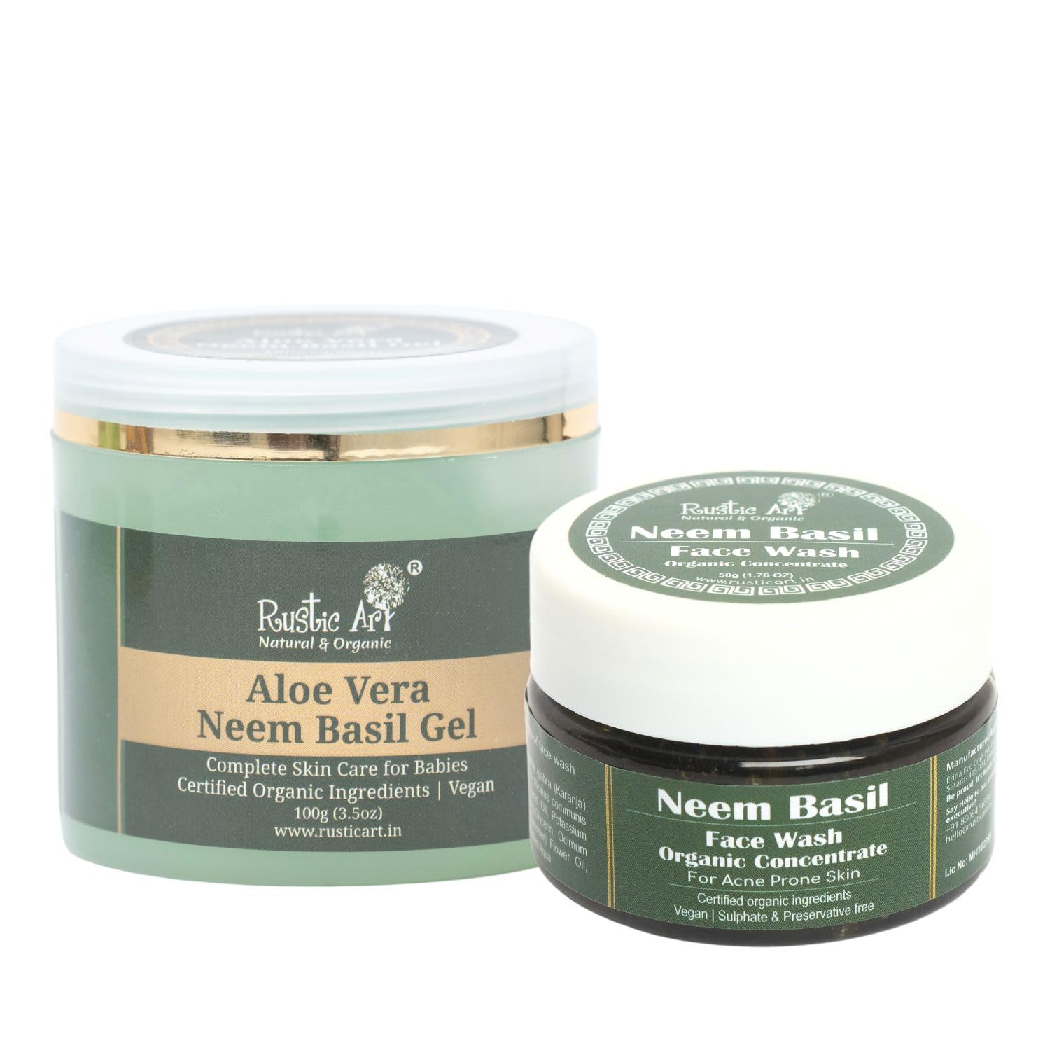 Rustic Art Neem Basil Face Wash Concentrate (50g) + Neem Basil Aloe Vera Gel (100g) Combo for Acne Prone Skin | Oil free gel moisturizer with Vit E | Deep cleansing & hydrating combo |