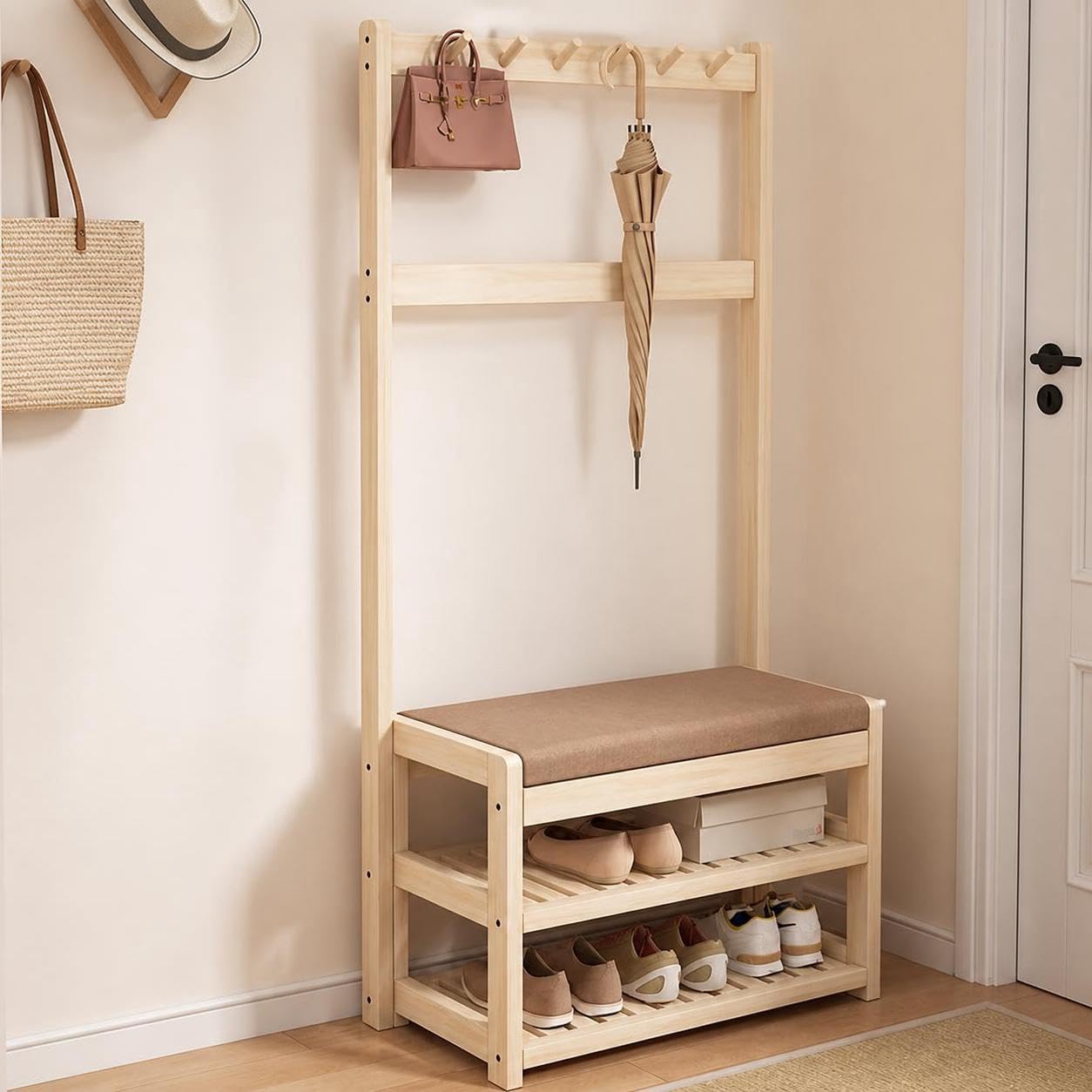 Árbol de recibidor de Madera Maciza, Perchero Independiente 2 en 1 con Banco y Zapatero, Ideal para Abrigos y Sombreros, Organizador de Entrada