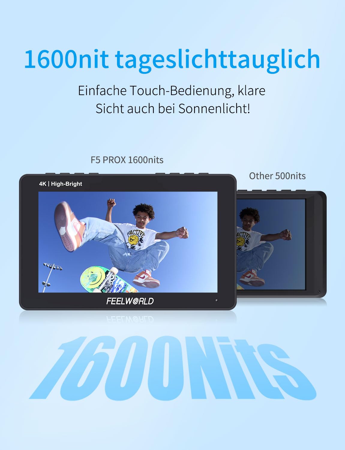 FEELWORLD F5PROX Kamera Field Monitor Touchscreen 1600Nit 5.5 Zoll 4K HDMI DSLR Video Externer Monitor mit F750 Akku Kameratasche Typ-C 3DLUT