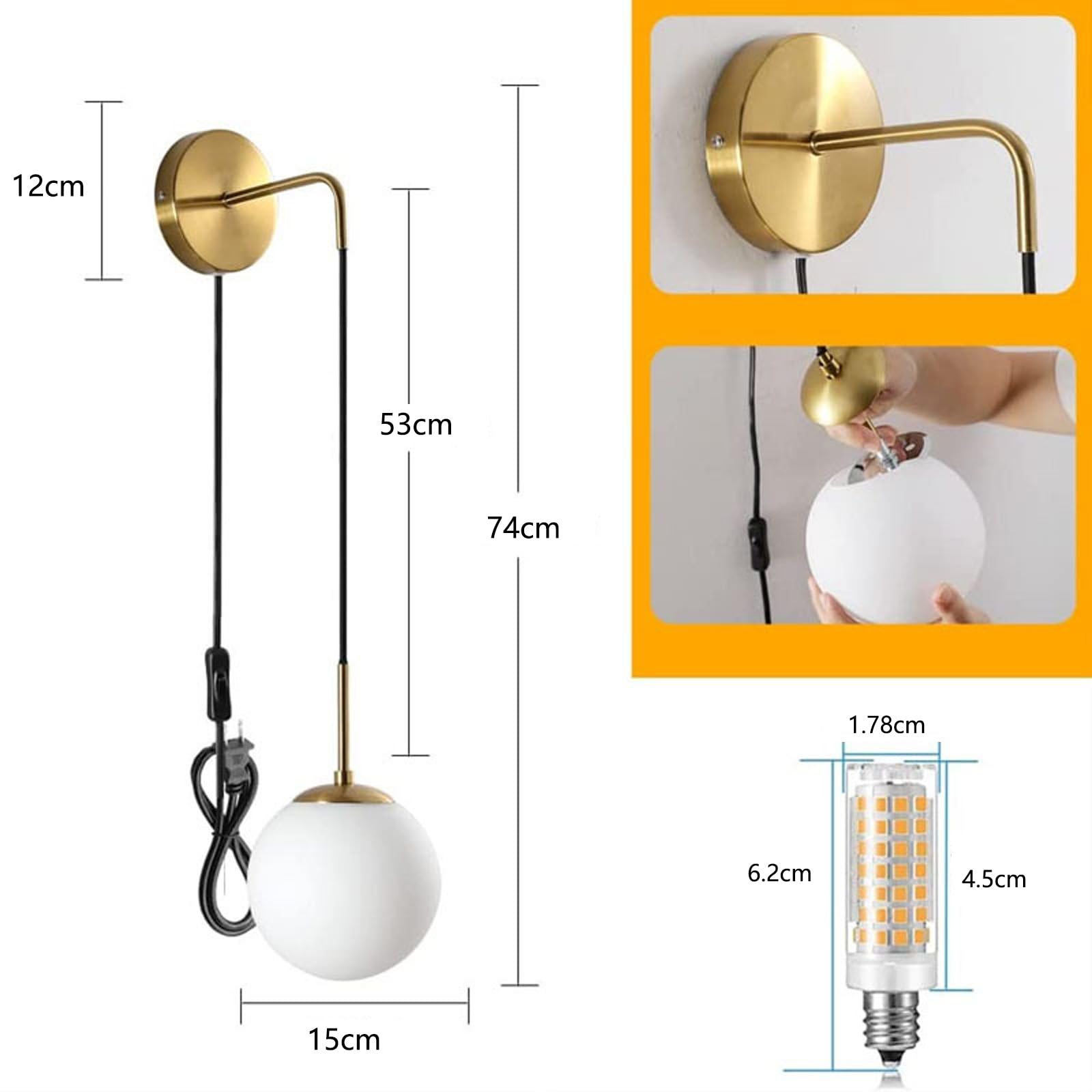 Appliques murales d'intérieur E27 avec Prises et interrupteurs Applique Murale avec Abat-Jour en Verre et Pendentif en métal Lot de 2 luminaires en Or Noir Vanité Chambre Salon