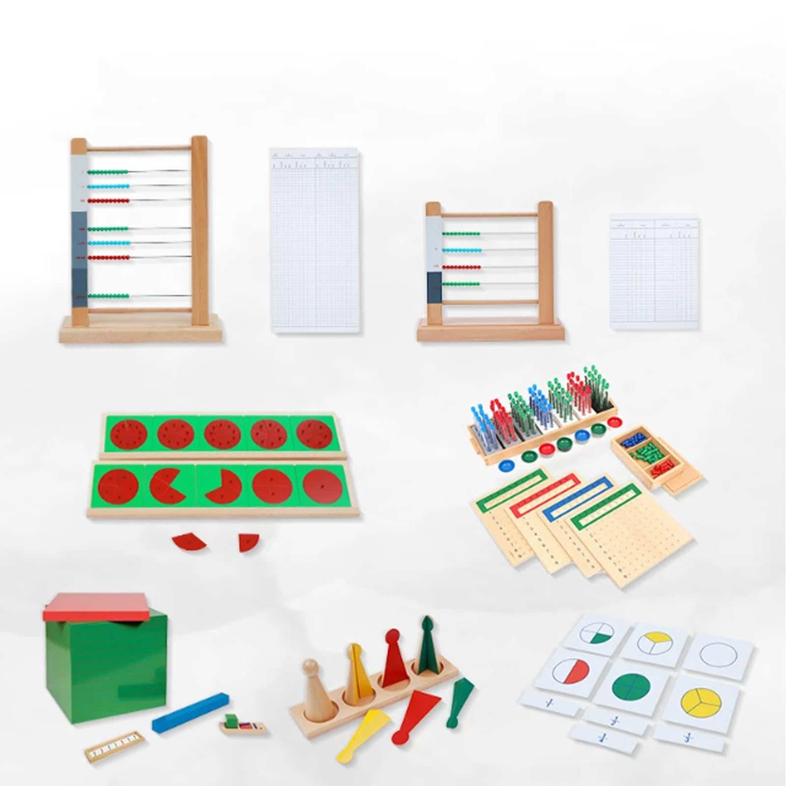Drewniane edukacyjne zabawki Montessori do nauki operacji liczbowych | Kompletny zestaw matematyczny, lalka na kołeczki do ułamków, mała i duża ramka z koralikami, tablica do dzielenia