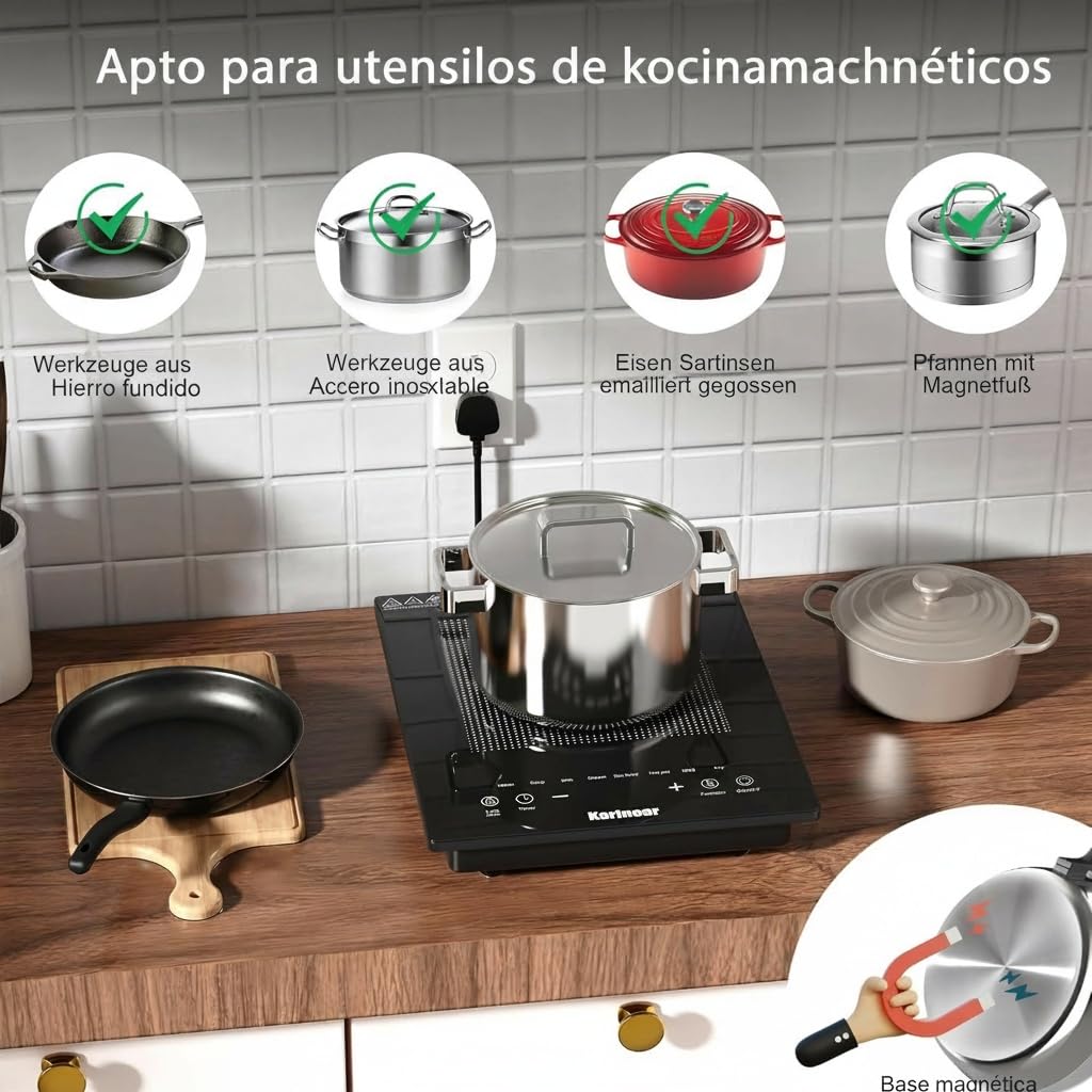 Karinear Placa de Inducción 1 Fuego con Enchufe, Inducción Portátil, Temporizado, Bloqueo de Seguridad, Apto Para Uso en Exteriores, Tamaño de 30 cm, Fácil de Transportar, 2000 W, 220-240 V