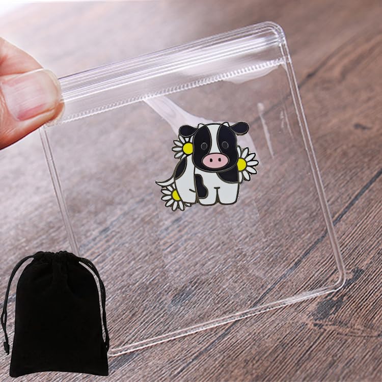 Image of Cute Cow Daisy Floral Enamel Pin, Black And White Cow With Yellow Daisies Lapel Pin for Backpacks Hat Jackets Badge