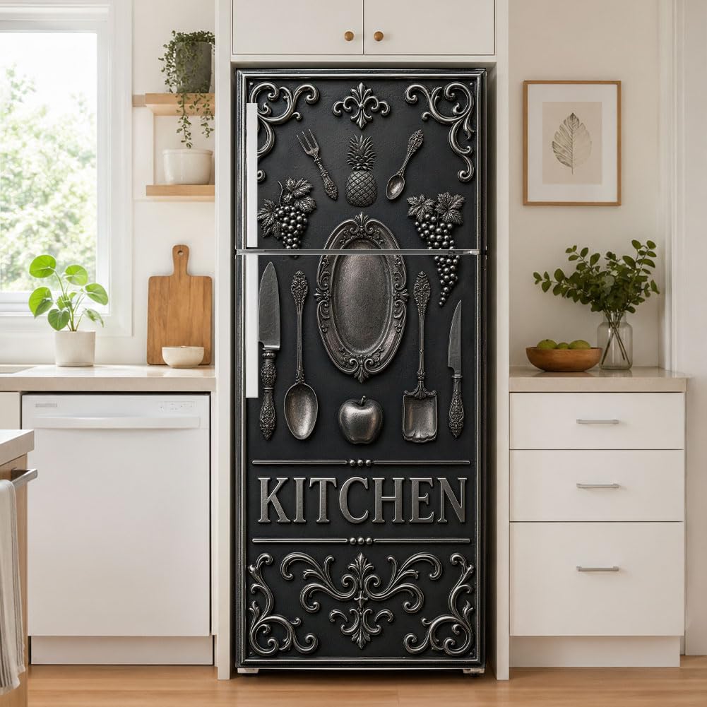 GOMAKERER 2 Pcs Metal Embossed Style Removable Refrigerator Wraps, Self-Adhesive Fridge Door Mural Vinyl Freezers Panel Cover Sticker for Kitchen Bar Decor, 41.5x200cm