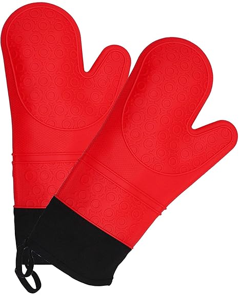 KARP Extra Long Heat Resistant Oven Gloves with Cotton Padding, Kitchen Mittens for Cooking, Baking, Grilling, Pair of Durable Non-Slip Oven Mitts Waterproof, BPA Free (Red)