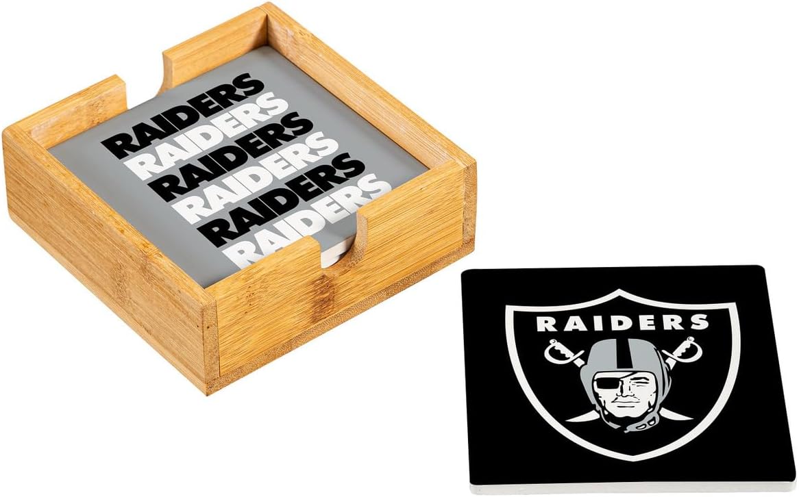 NFL Las Vegas Raiders Coasters Gift Set with Wood Caddy, 4pcs Ceramic Stone Drink Coasters with Wooden Holder, Football Tabletop Décor for Home, Bar, Man Cave, Holiday for Men Women