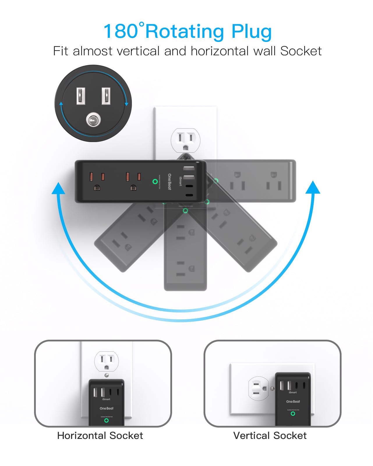 Surge Protector Outlet Extender - with Rotating Plug, 6 AC Multi Plug Outlet with 3 USB Ports (1 USB C), 1800 Joules, 3-Sided Swivel Power Strip with Spaced Outlet Spaced Outlet Splitter for Dorm