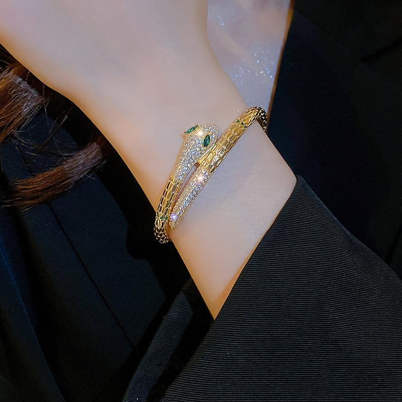 18K Gold Plated Snake Bracelet with Sparkly Cubic Zirconia Green-eyed Snake Bracelets Open Cuff Bangle Bracelets for Women - Image 2