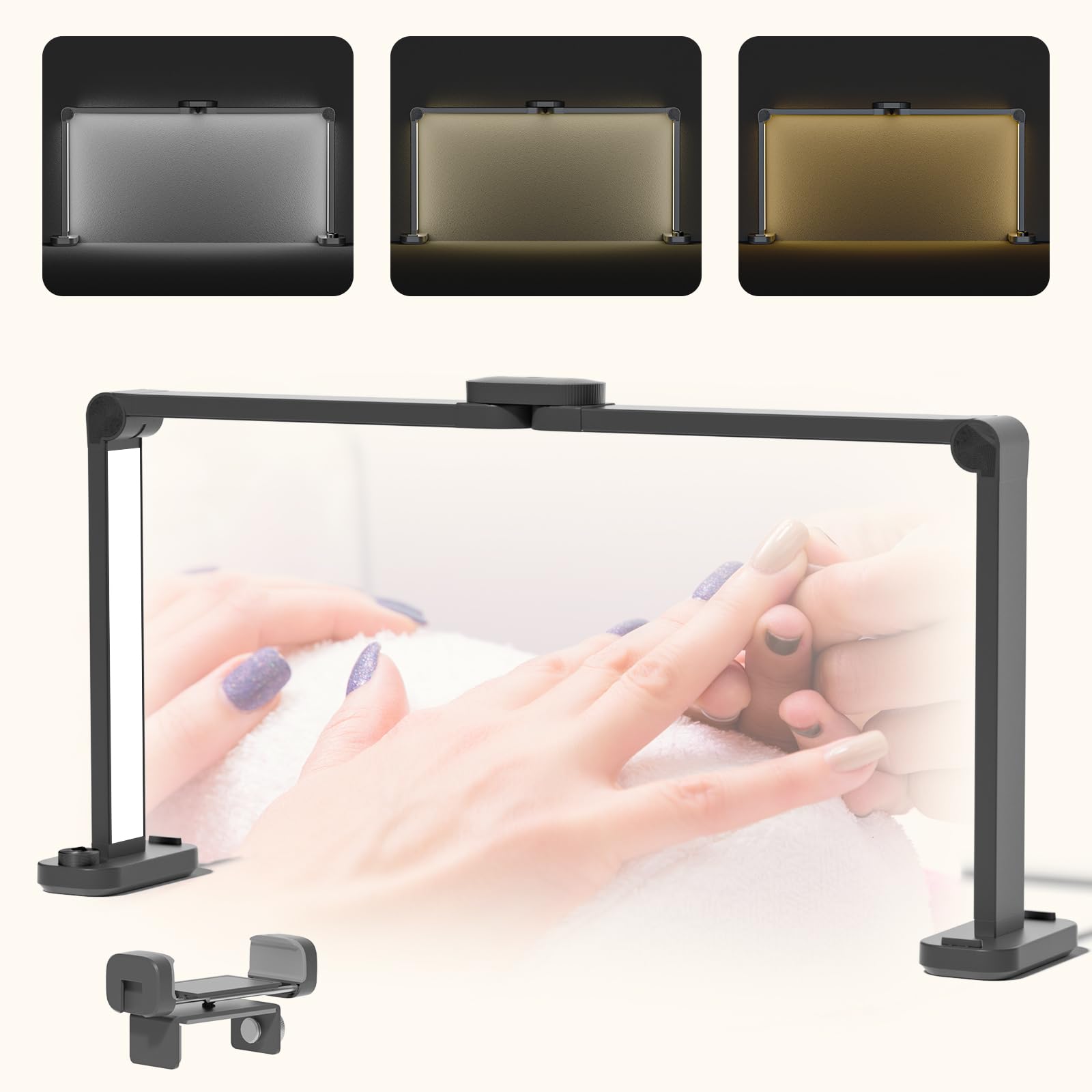 85cm Halbmondlampe Faltbar Nail Desk Lamp 40W LED Nageltischlampe Dimmbar 3000K-6000K Quadratisch Kosmetik Lampe mit Telefonhalter für Nail Tech, Wimpernverlängerung, Tattoo, Augenbrauen