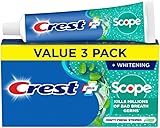 Crest + Scope Whitening Toothpaste - Pack of 3, 5.4 Oz Tubes - Anticavity Fluoride Toothpaste, Fresh Breath, Kills Germs - Tartar Protection, Enamel Protection - Minty Fresh Flavor