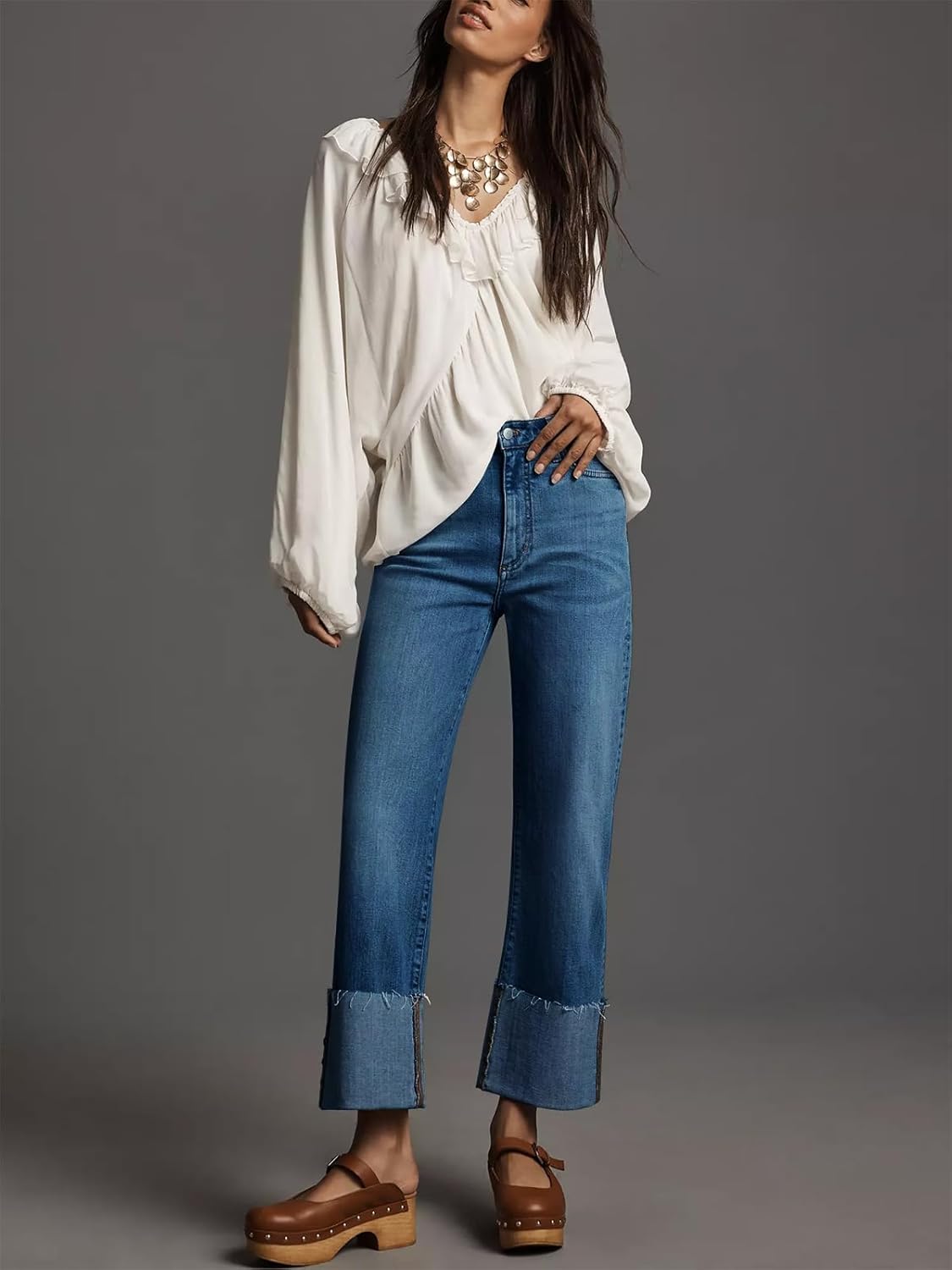 KUNMI Women’s Wide Leg Jeans High Waisted Straight Leg Stretchy Denim Pants with Pockets