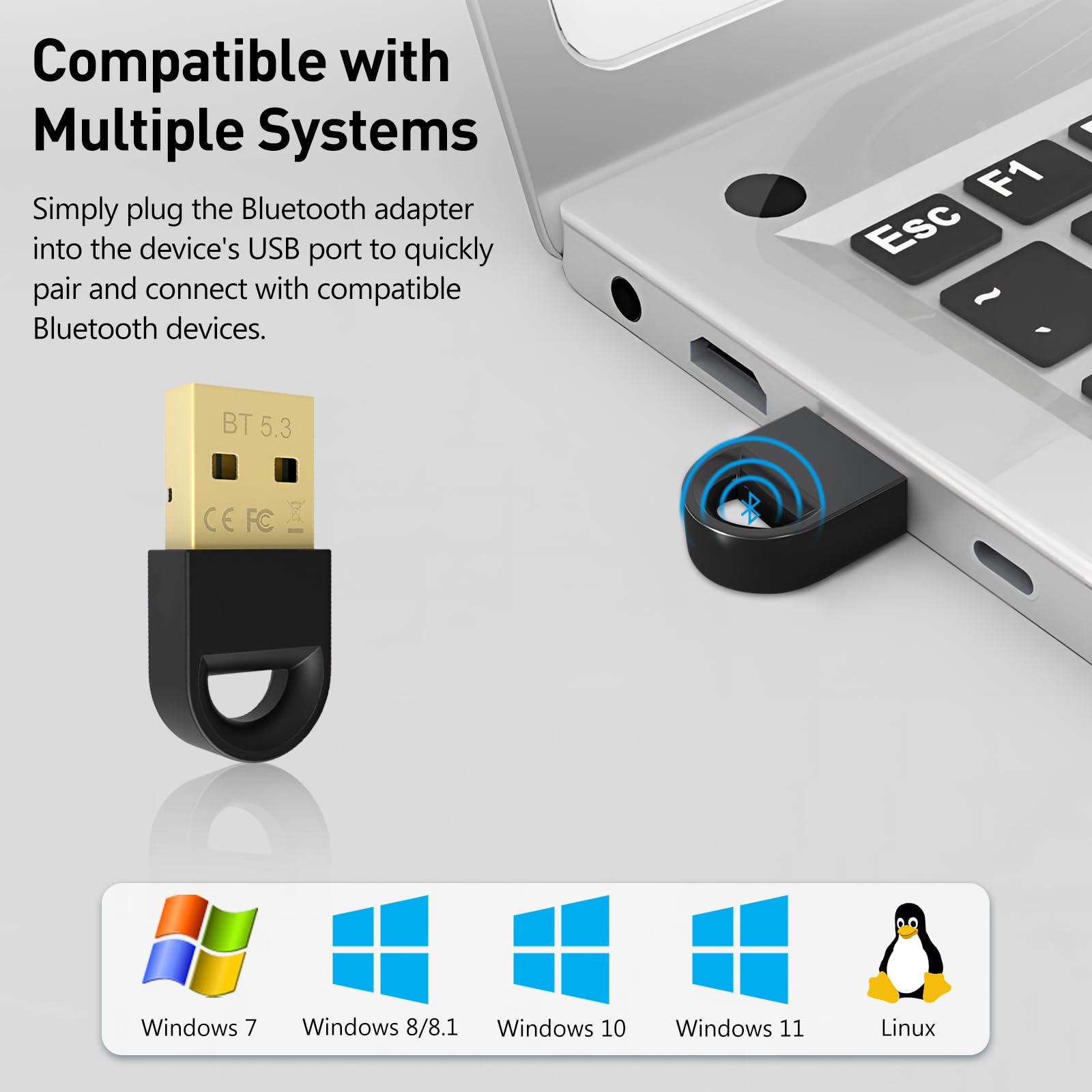 USB Bluetooth 5.3 Adapter for Desktop PC, Mini Plug & Play Dongle Transmitter & Receiver, Works with Laptop, Headphones, Keyboard, Mouse, Speakers, Printer, Compatible with Windows 11/10/8.1