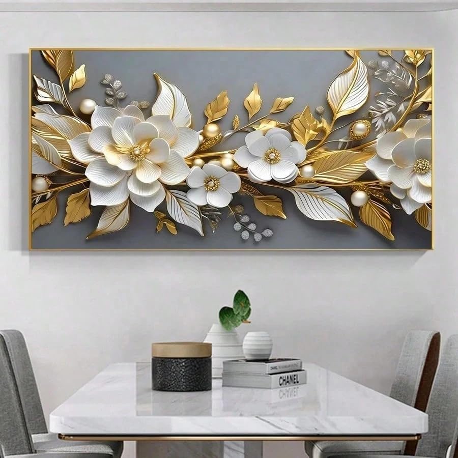 Affiches botaniques fleurs blanches et feuilles dorées avec cadre 75 x 150 cm