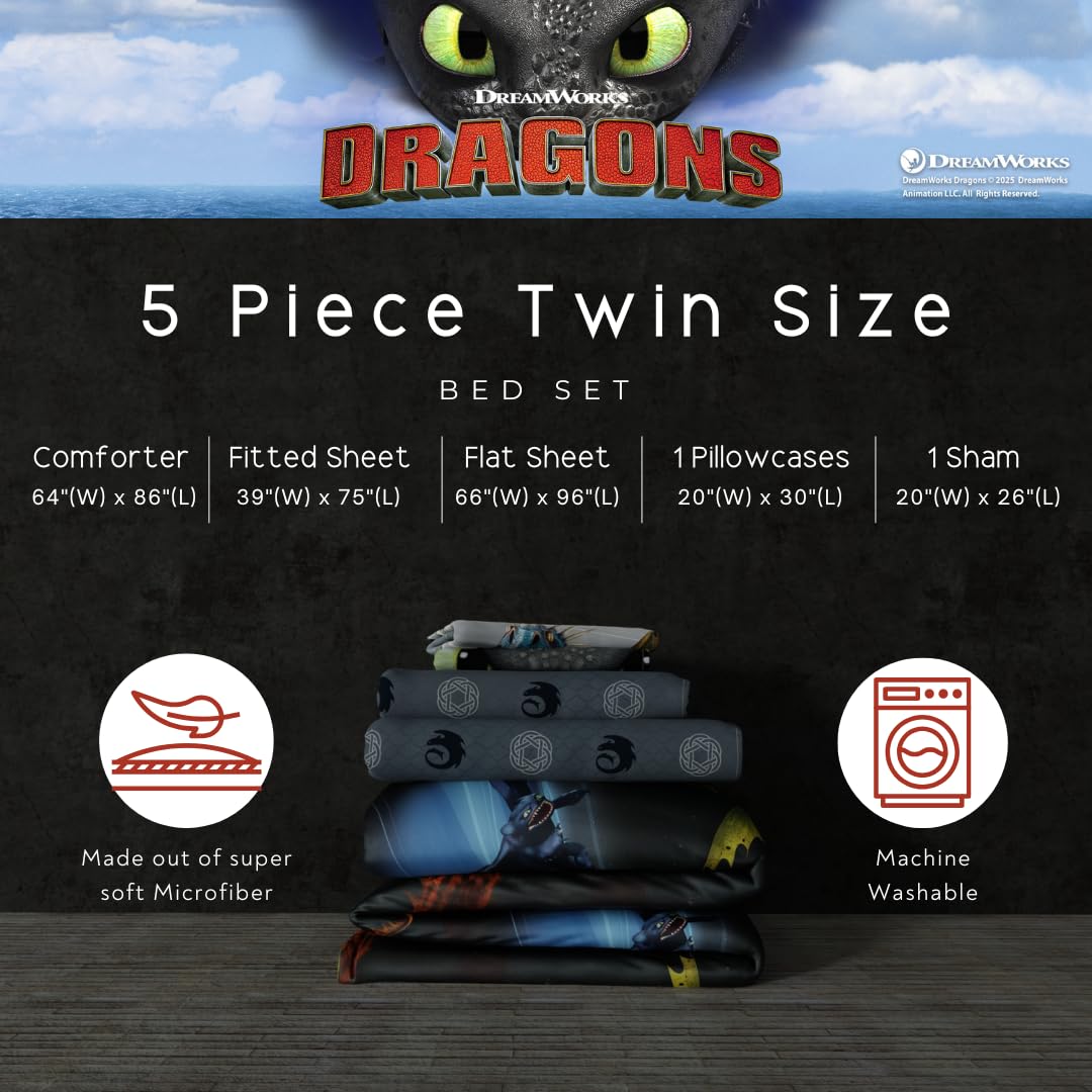 Franco How to Train Your Dragon Kids Bedding Super Soft & Cozy Reversible Microfiber Comforter and Sheet Set with Sham, 5 Piece Twin Size, (Officially Licensed Product)