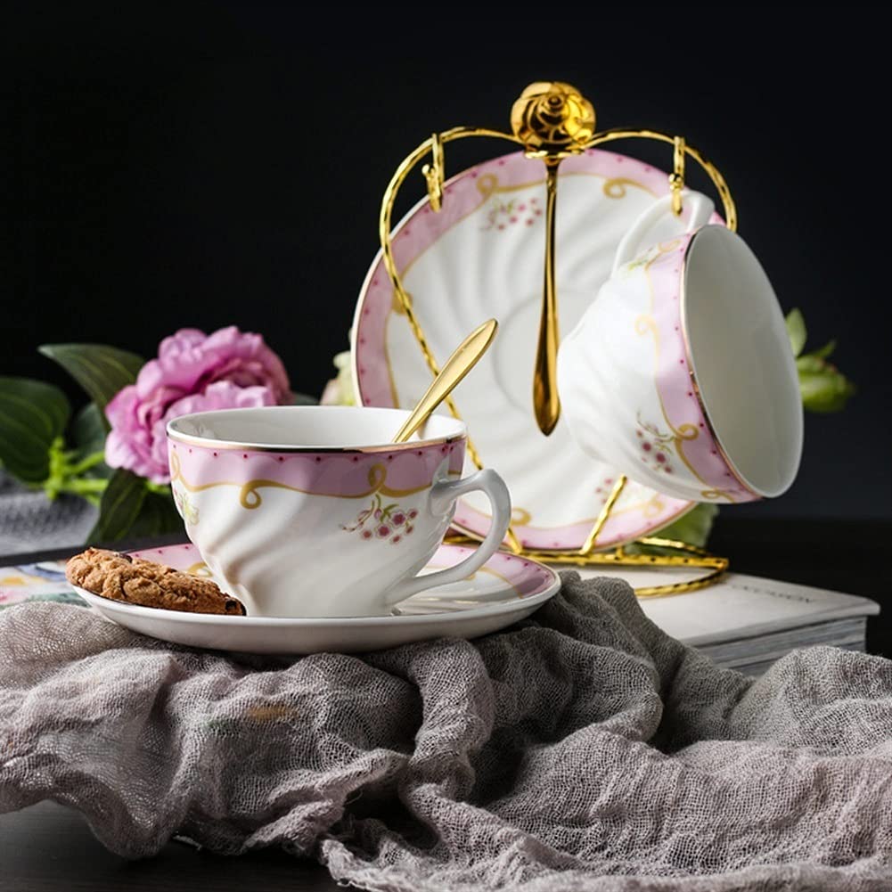 Taza de té de cristal, taza de té de flores, taza de café de cristal, taza de café de cerámica reutilizable y juego de platillos, 6.12 oz/180 ml, bonitas tazas de café con leche reutilizables, tazas d