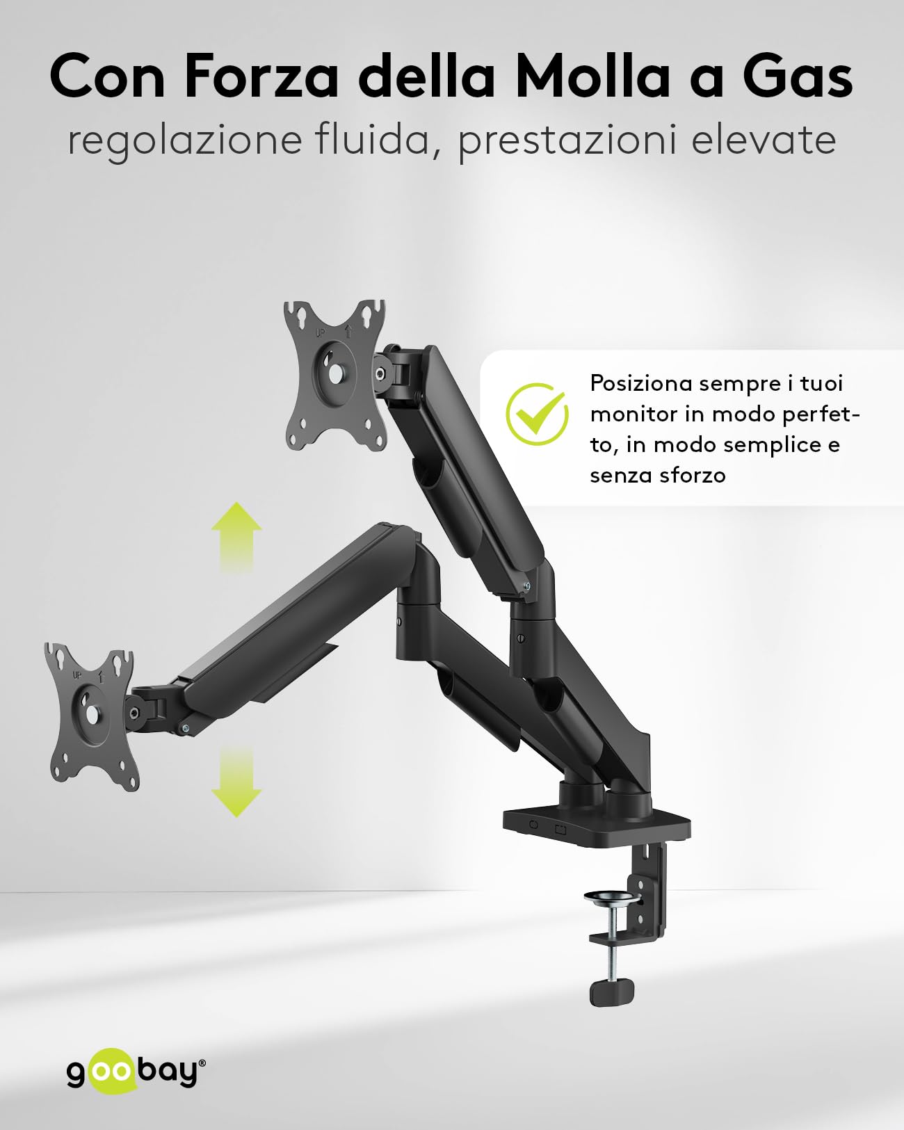 goobay Supporto doppio per monitor – con molla a gas, per schermi da 17 a 32 pollici, inclinabile e orientabile, morsetto da tavolo, portata 9 kg, con sistema di gestione, VESA 75x75 e 100x100