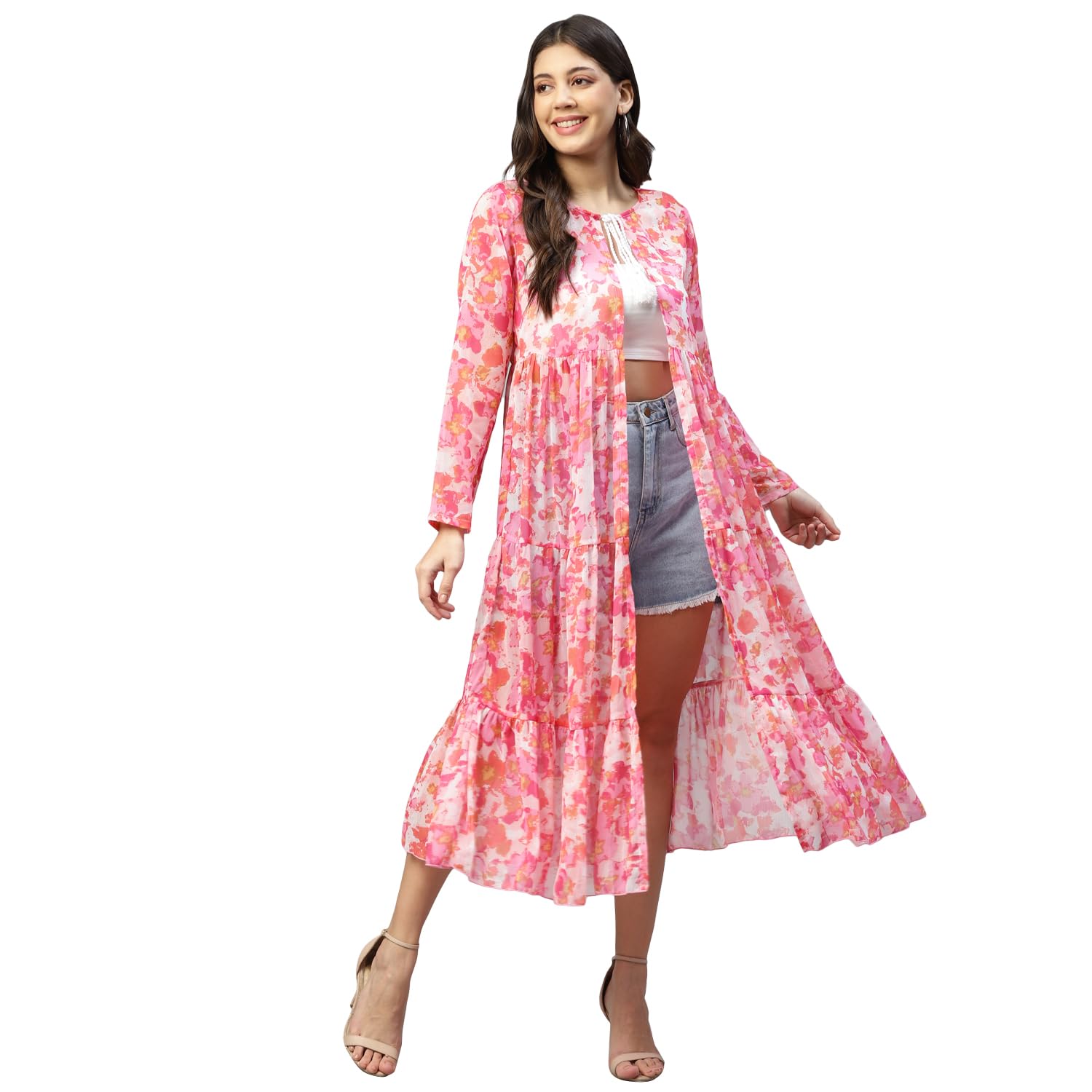 Women's Abstract Print Chiffon Crop Shrug for Women|Full Straight Sleeve Tie-UP Neck|One Piece Casual College Office Wearable Fashionable Party Outfit for Ladies-image-10
