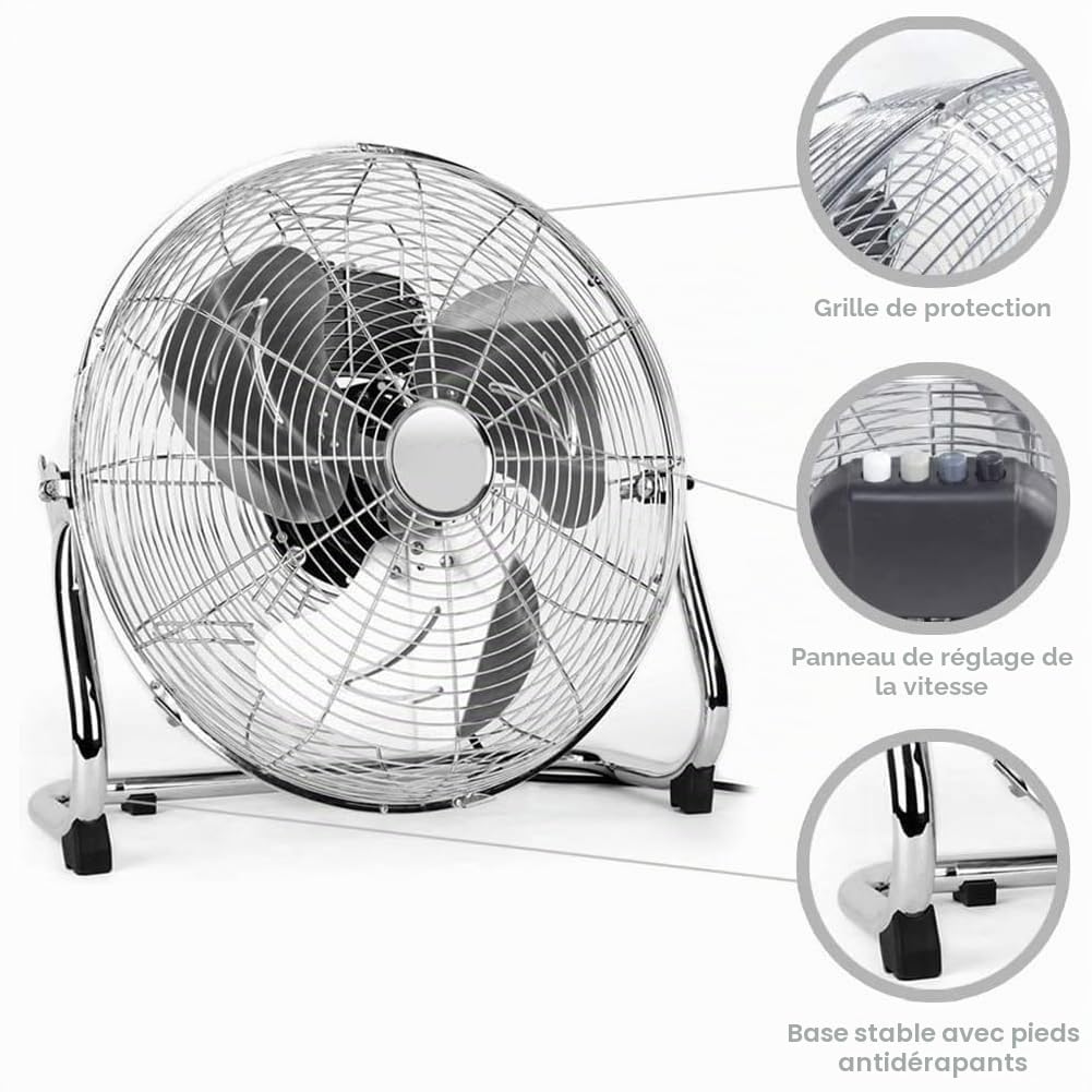 Bakaji 2832388 Ventilateur de sol en métal avec pales de 50 cm en aluminium inclinables et moteur à 3 vitesses, puissance 100 W