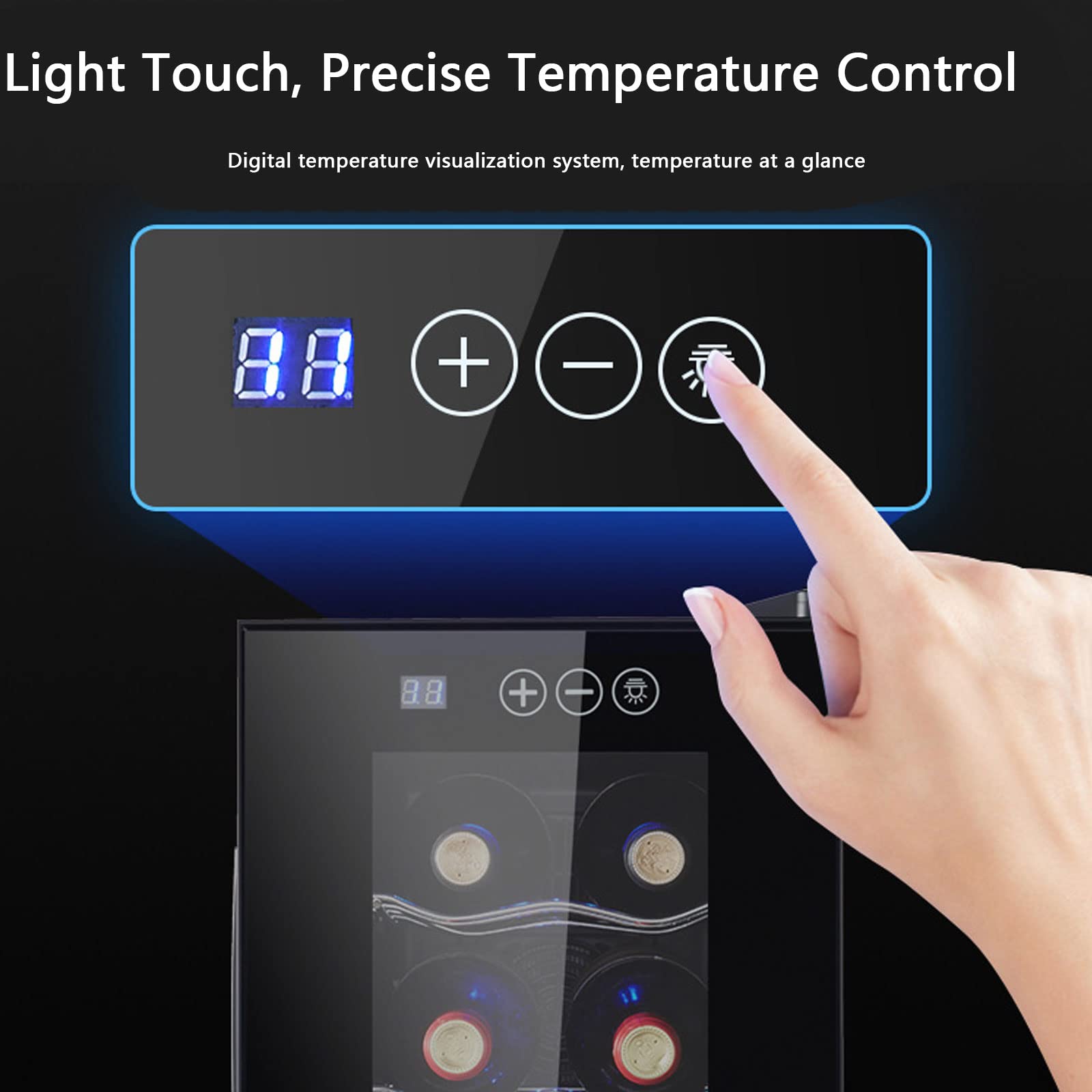 Enfriador Cava de Vinos para 8 Botellas con Panel de Control Digital, Evita Vibraciones, Iluminación LED, 8-18℃ Nevera Vinos con Estantes Extraíbles, 23L, Vinotecas Pequeñas, Negro