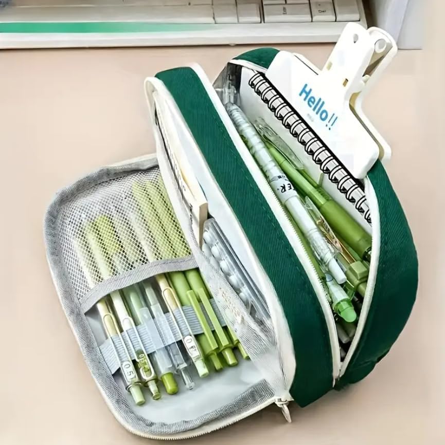 Image of Kawaii Cute Aesthetic Pencil Case for Students | Large Capacity Multi-Pocket Pencil Pouch with Zipper | Cartoon Stationery Organizer Bag for School, College & Office Supplies (So Cute - Green)