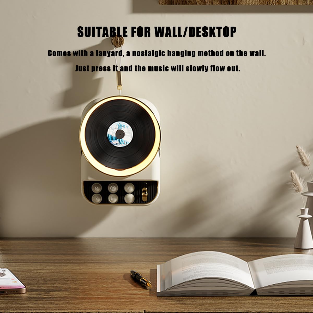 Lettore CD con cordino, sistema musicale ricaricabile da 4000 mAh, radio FM Bluetooth, giradischi, altoparlanti integrati, versatile per sport, studio, lavoro