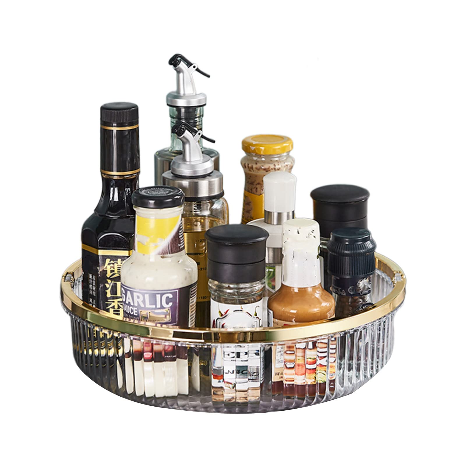 Tsophreniq Upgraded Condiment Storage Rack Kitchen Organizer Box with Gold White Handle Clear Turntable Fruit Basket for Cabinet Condiment Storage Rack