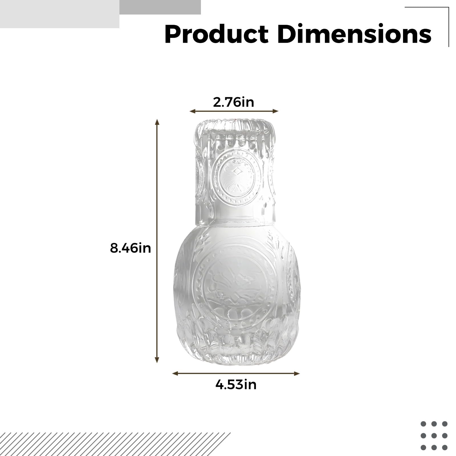 Wasserkaraffe und Glas-Set, geprägte Glaskaraffe 8,5 Zoll, 215 mm, handwerkliche Verarbeitung, ästhetisches Wasserkrug-Set, Wasserkaraffe für den Nachttisch, klar